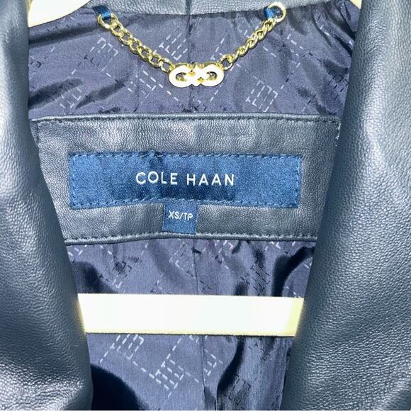 Cole Haan Leather Wing Collared Jacket Women’s Size XS Navy - Picture 3 of 4